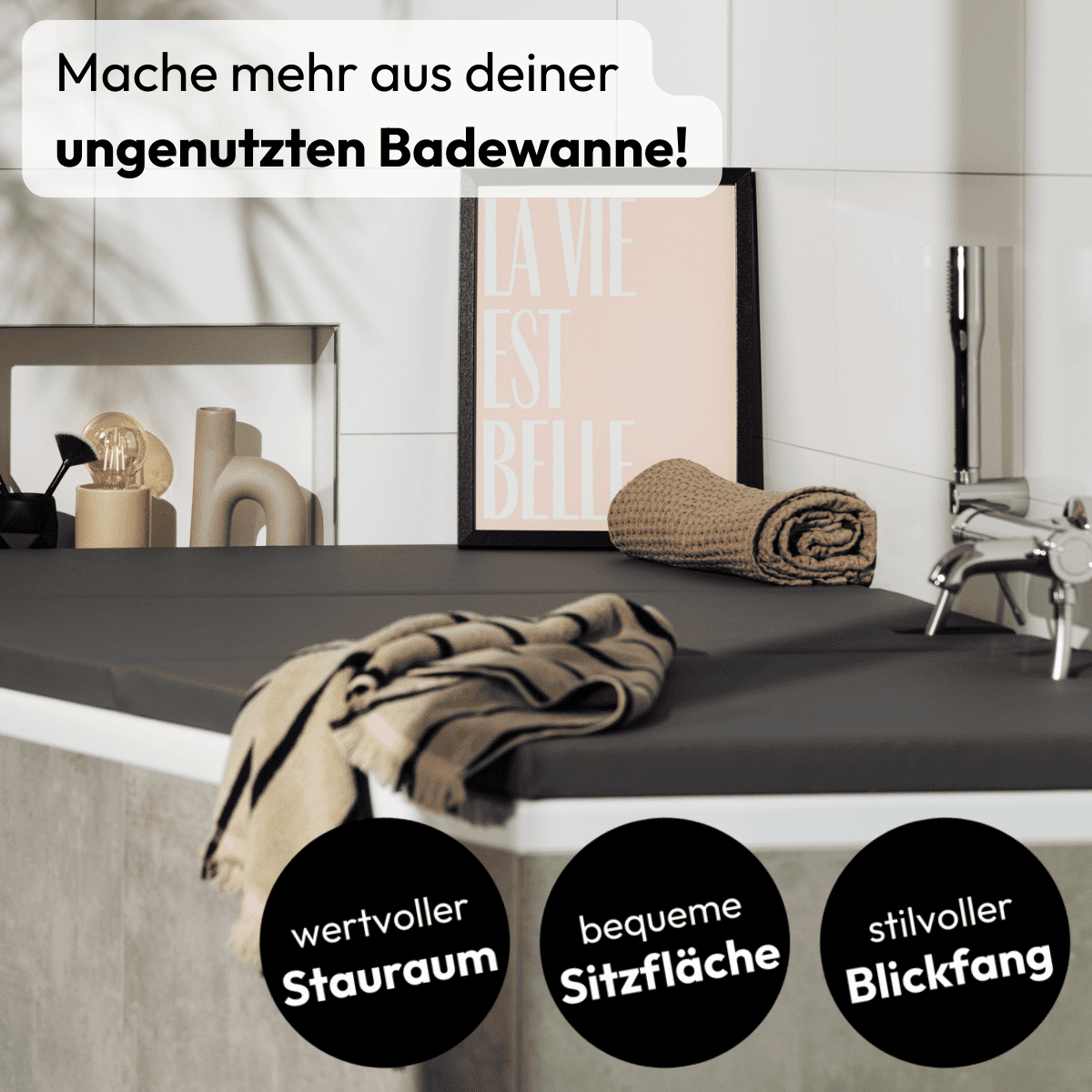Matti Badewannenabdeckung von hejdeck. Mache mehr aus deiner ungenutzten Badewanne: wertvoller Stauraum, bequeme Sitzfläche und stilvoller Blickfang