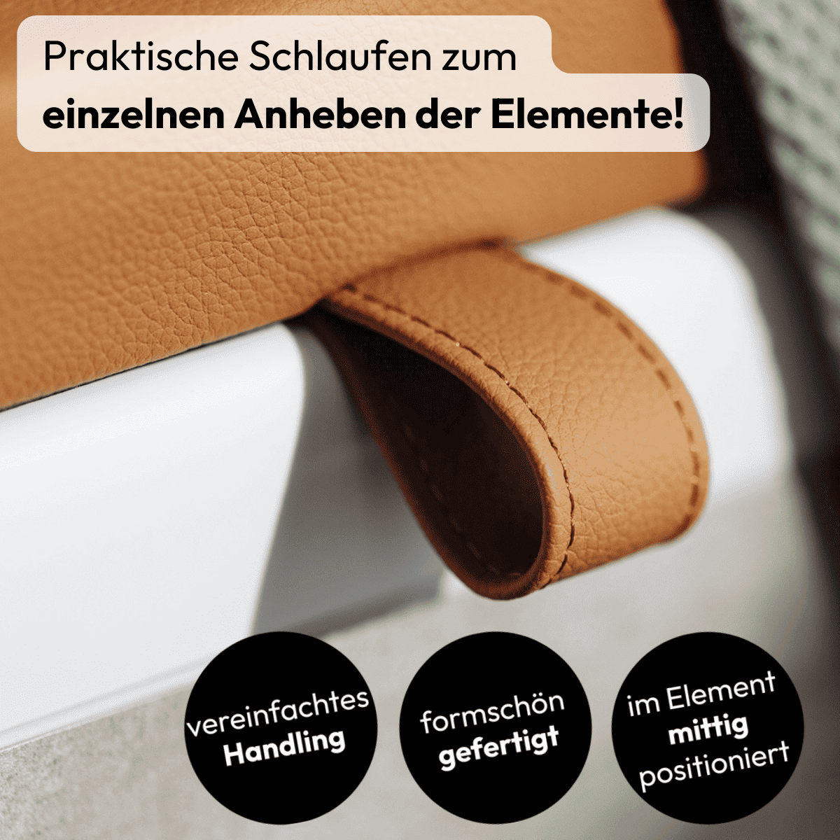 Eine Nahaufnahme einer Badewannenabdeckung bzw. Abdeckung Badewanne in warmem Cognac. Es zeigt eine detaillierte Ansicht einer hochwertig gefertigten Schlaufe, die für einfaches Anheben und Handhabung sorgt.